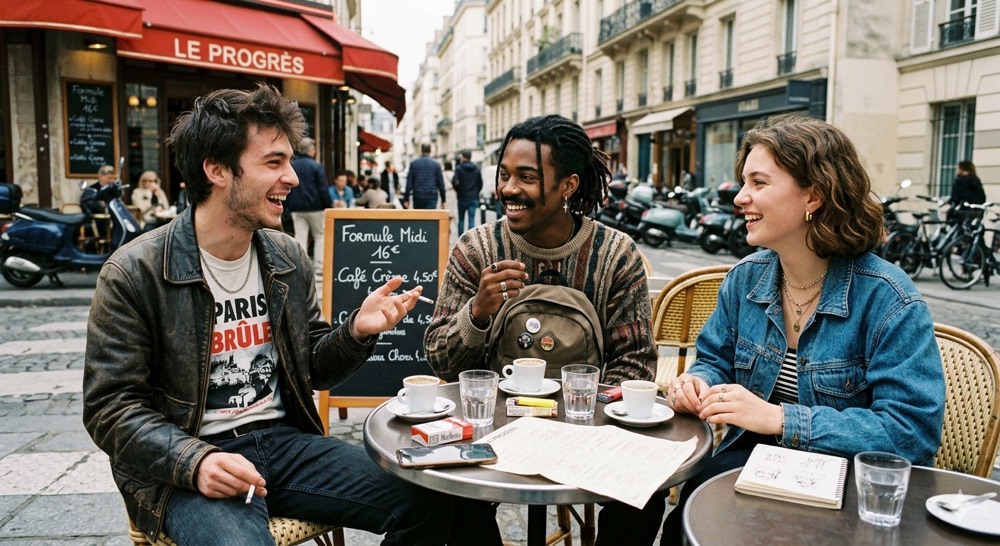 Friends at a Paris sidewalk cafe outside Le Progrès